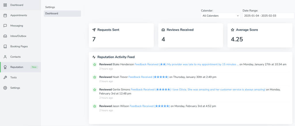 Reputation Management dashboard with review requests, ratings, and score aggregated.